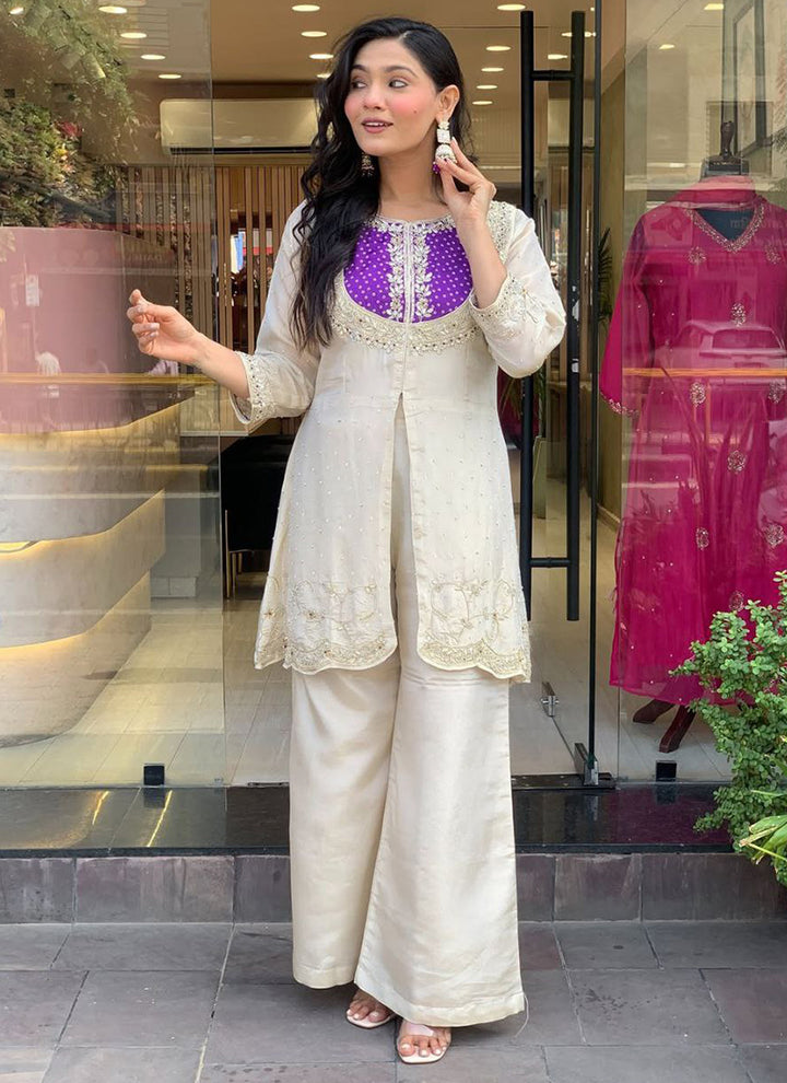 Off White And Purple Embroidered Kurta With Palazzo Pant