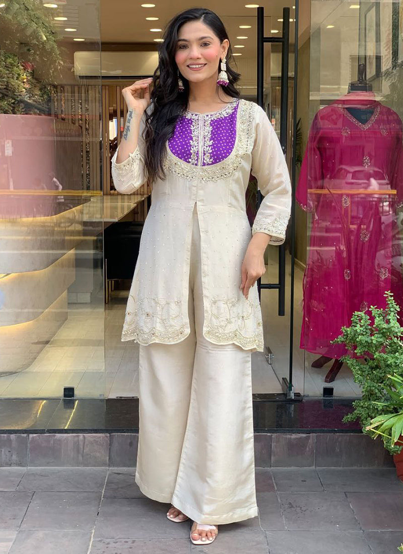 Off White And Purple Embroidered Kurta With Palazzo Pant