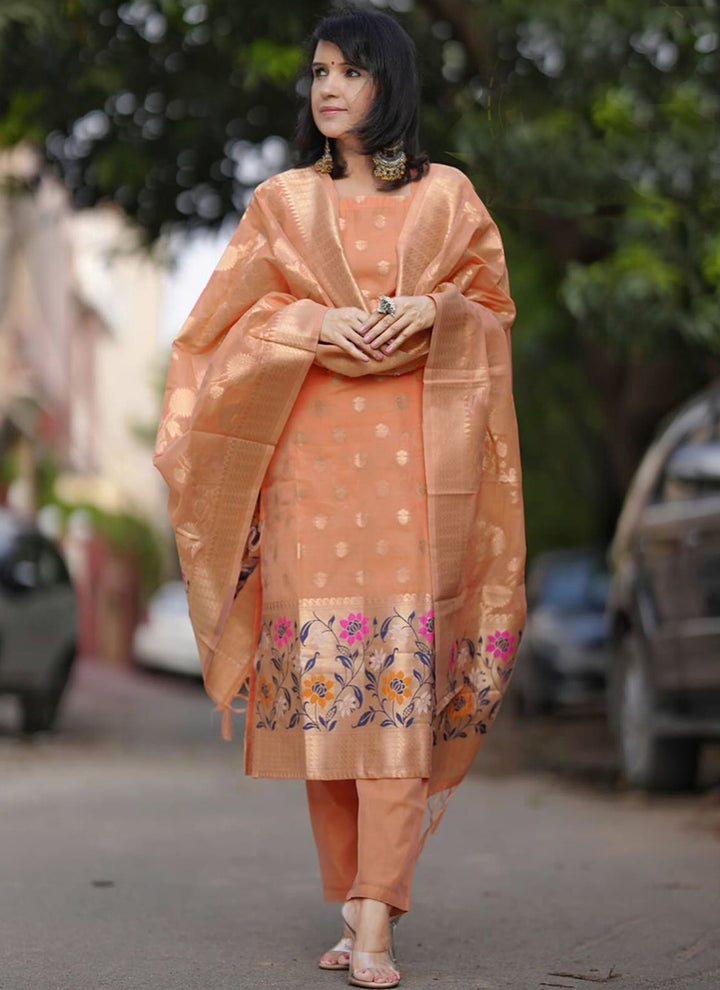 Peach Jacquard Pant Style Festive Kurta Set