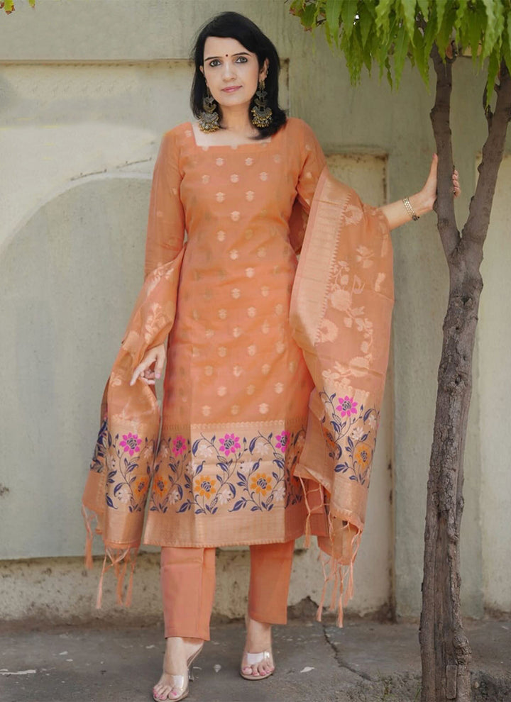 Peach Jacquard Pant Style Festive Kurta Set