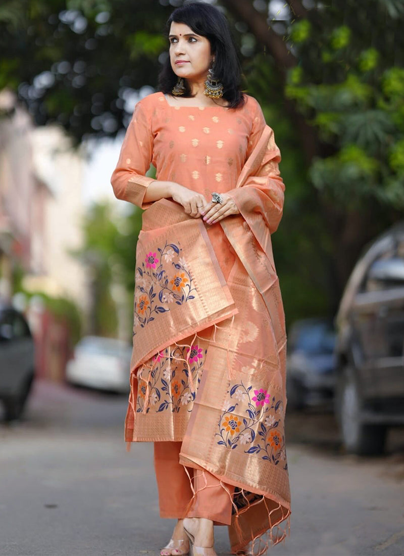 Peach Jacquard Pant Style Festive Kurta Set