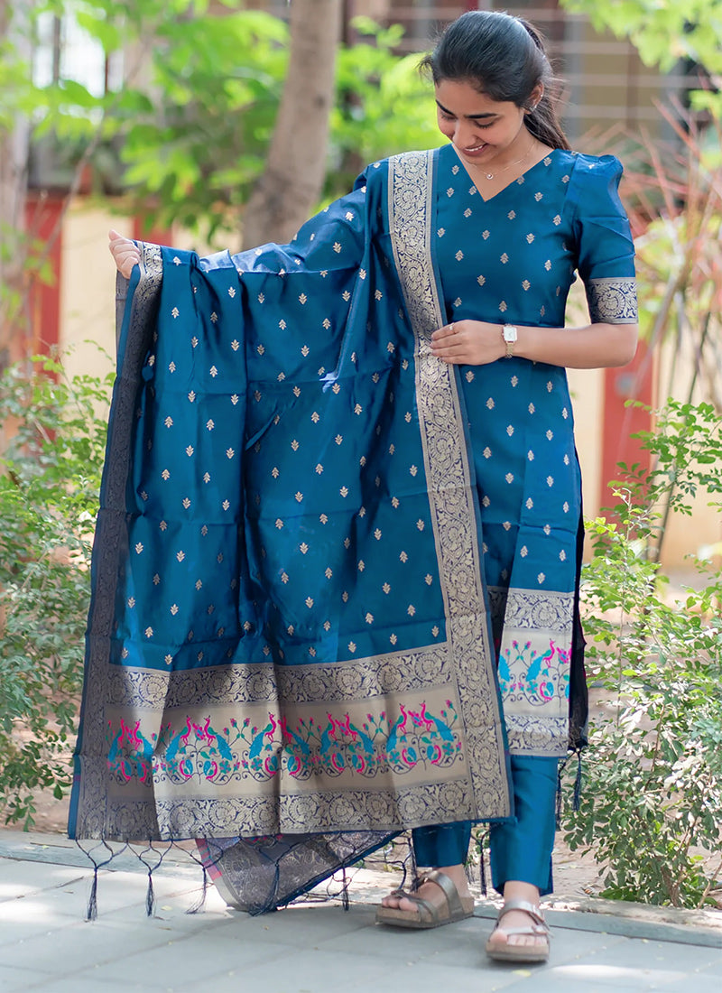 Blue Woven Jacquard Straight Festive Kurta Set