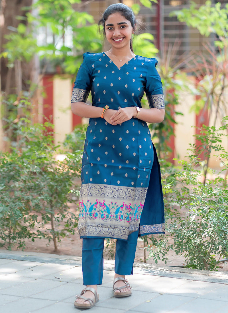 Blue Woven Jacquard Straight Festive Kurta Set