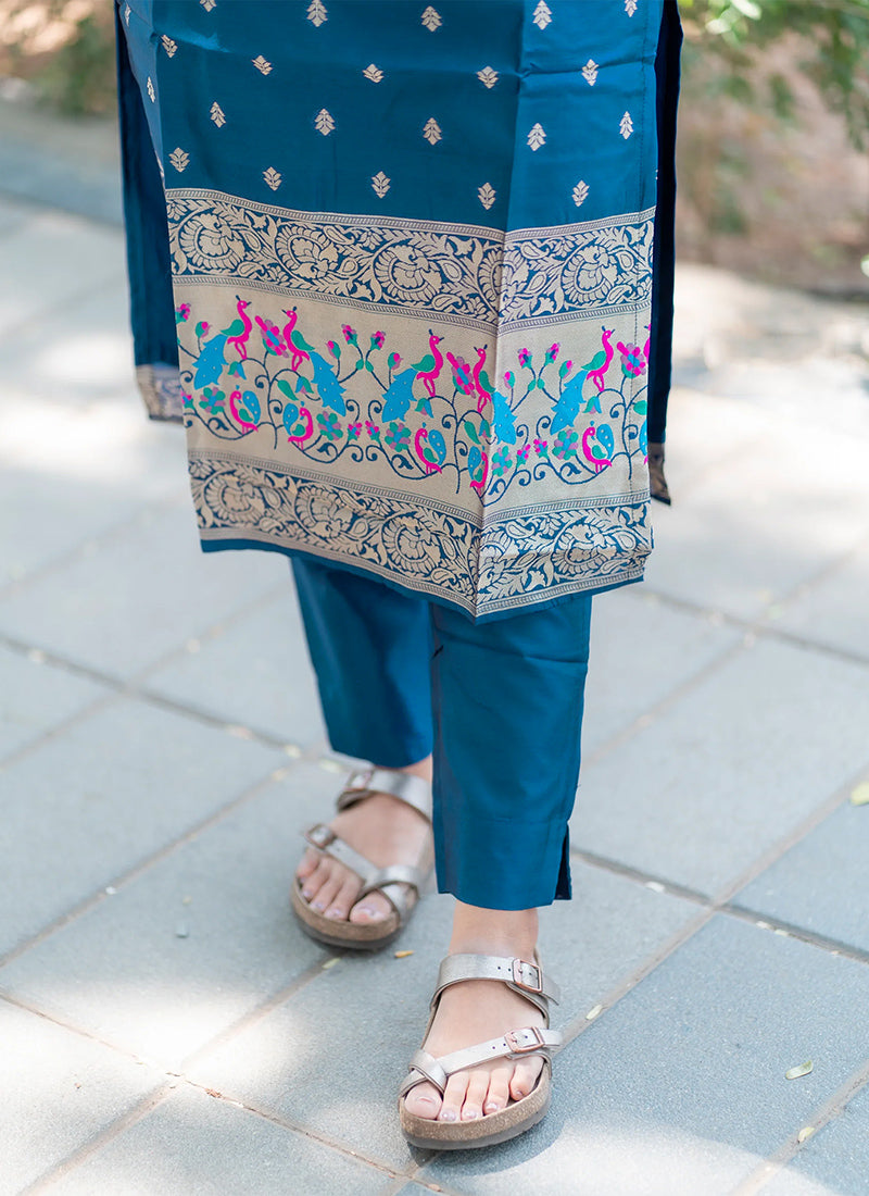 Blue Woven Jacquard Straight Festive Kurta Set