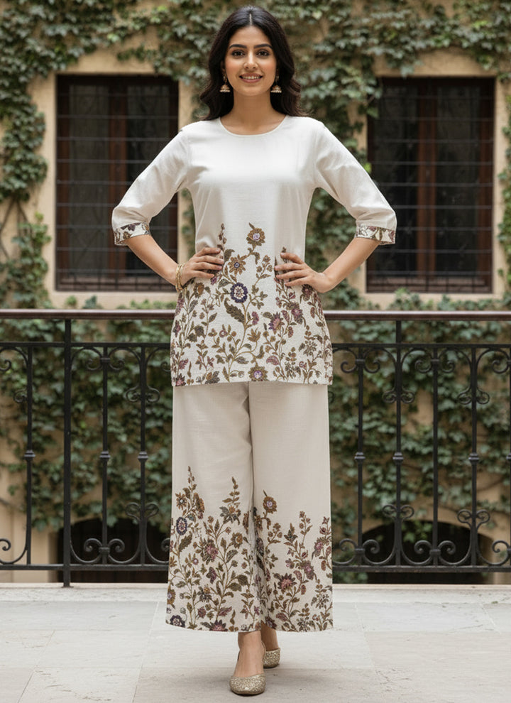 White Cotton Floral Printed Outwear Cord Set