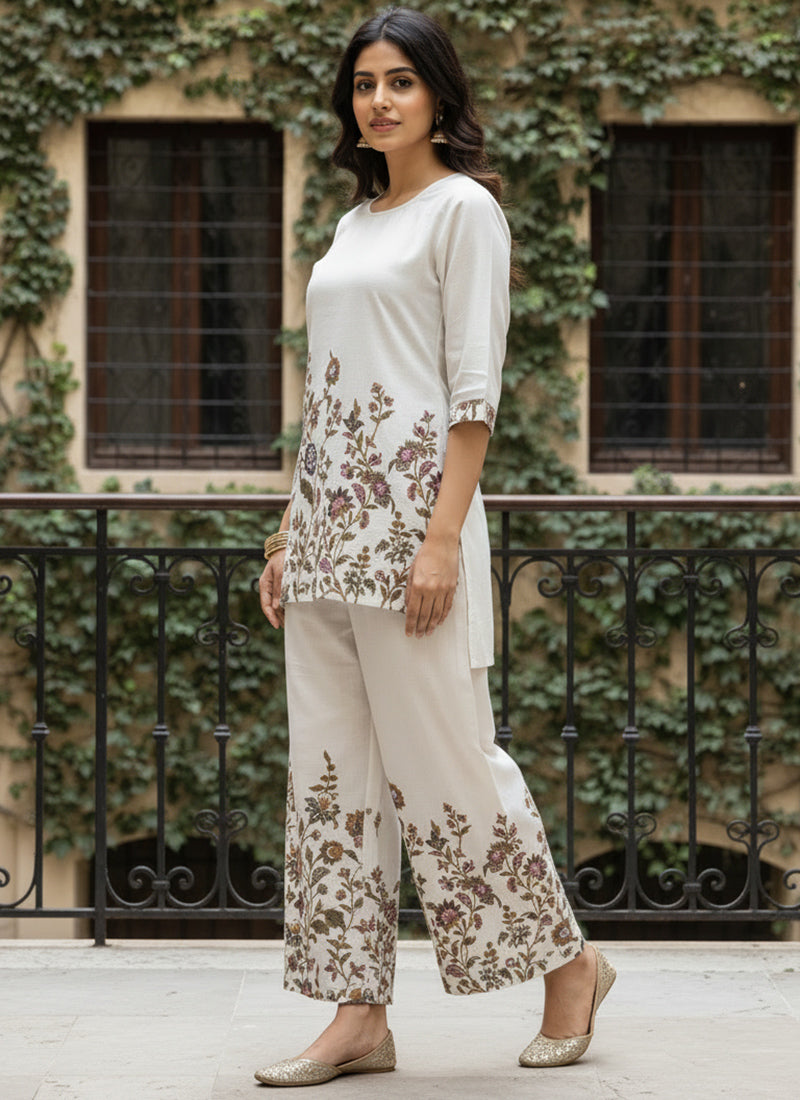 White Cotton Floral Printed Outwear Cord Set