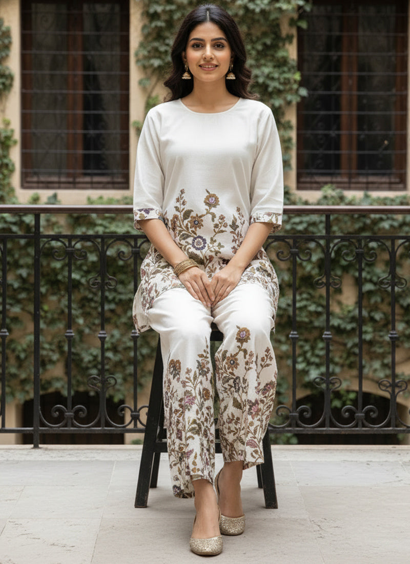 White Cotton Floral Printed Outwear Cord Set