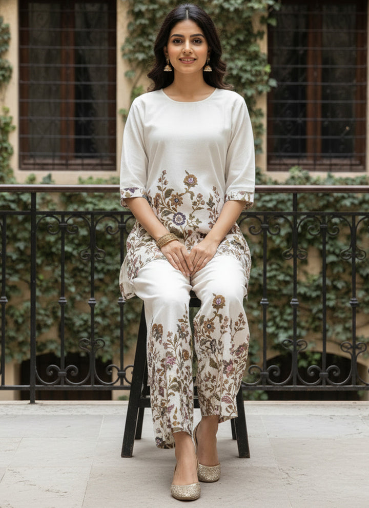 White Cotton Floral Printed Outwear Cord Set