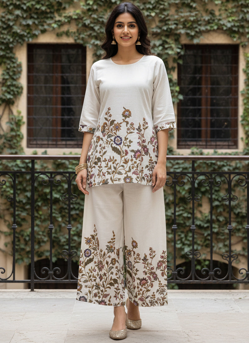 White Cotton Floral Printed Outwear Cord Set