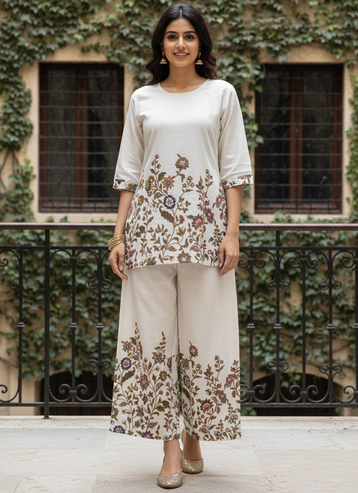 White Cotton Floral Printed Outwear Cord Set