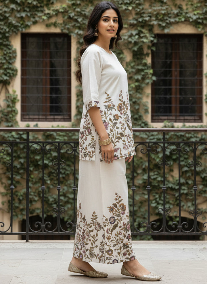 White Cotton Floral Printed Outwear Cord Set