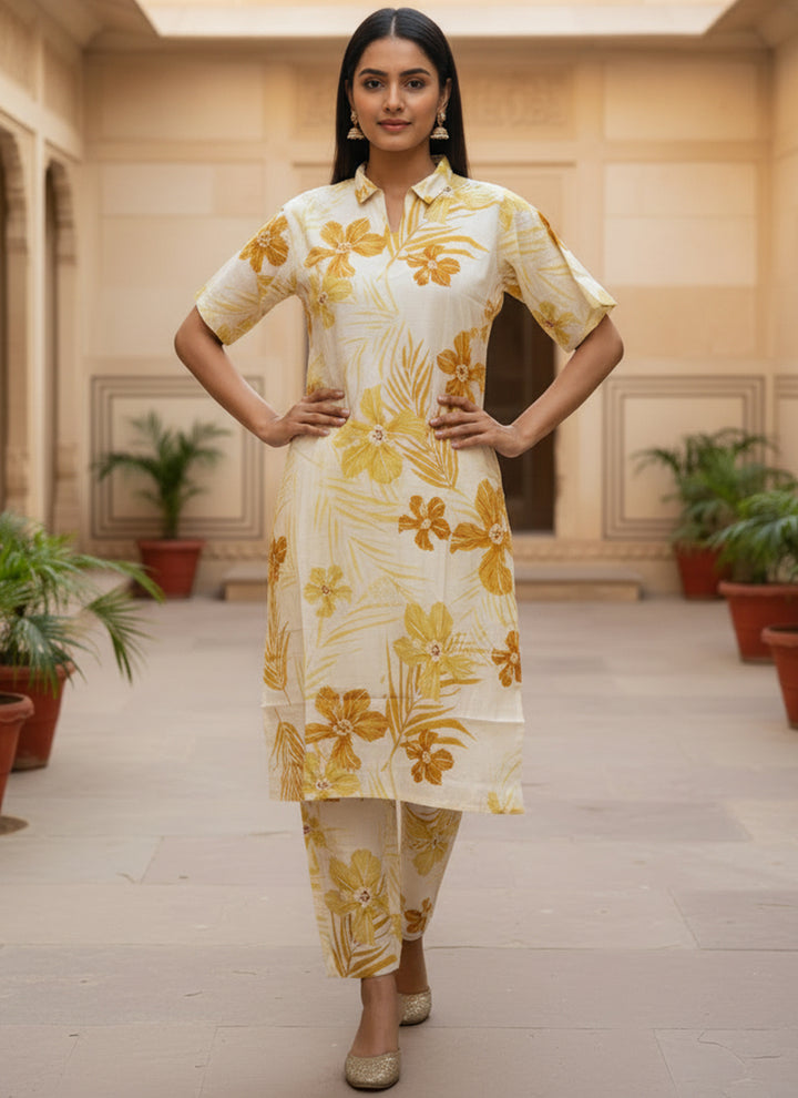 Off White Flower Printed Vertican Cord Set