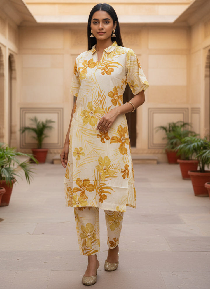 Off White Flower Printed Vertican Cord Set