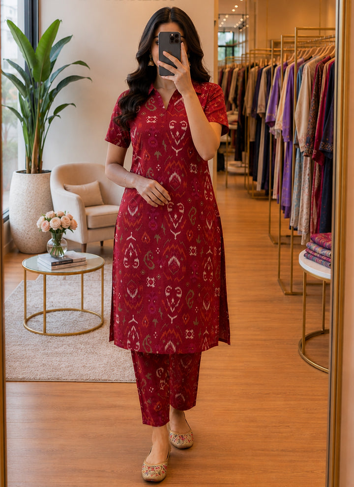 Deep Red Ikat Printed Vertican Cord Set