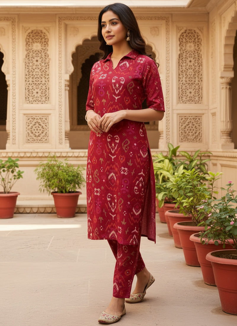 Deep Red Ikat Printed Vertican Cord Set