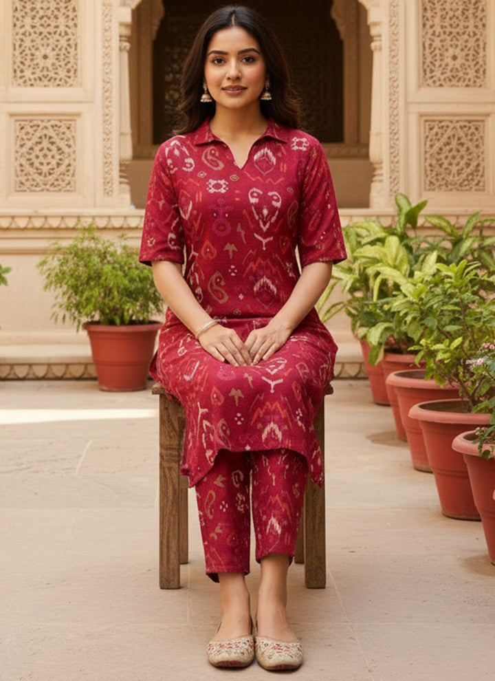 Deep Red Ikat Printed Vertican Cord Set
