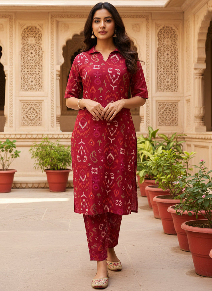 Deep Red Ikat Printed Vertican Cord Set