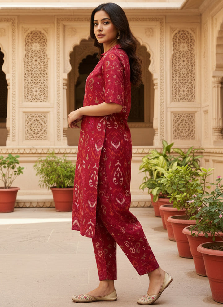Deep Red Ikat Printed Vertican Cord Set