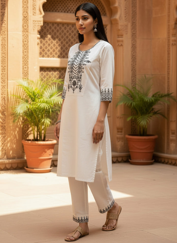 White Khadi Cotton Embroidered Cord Set