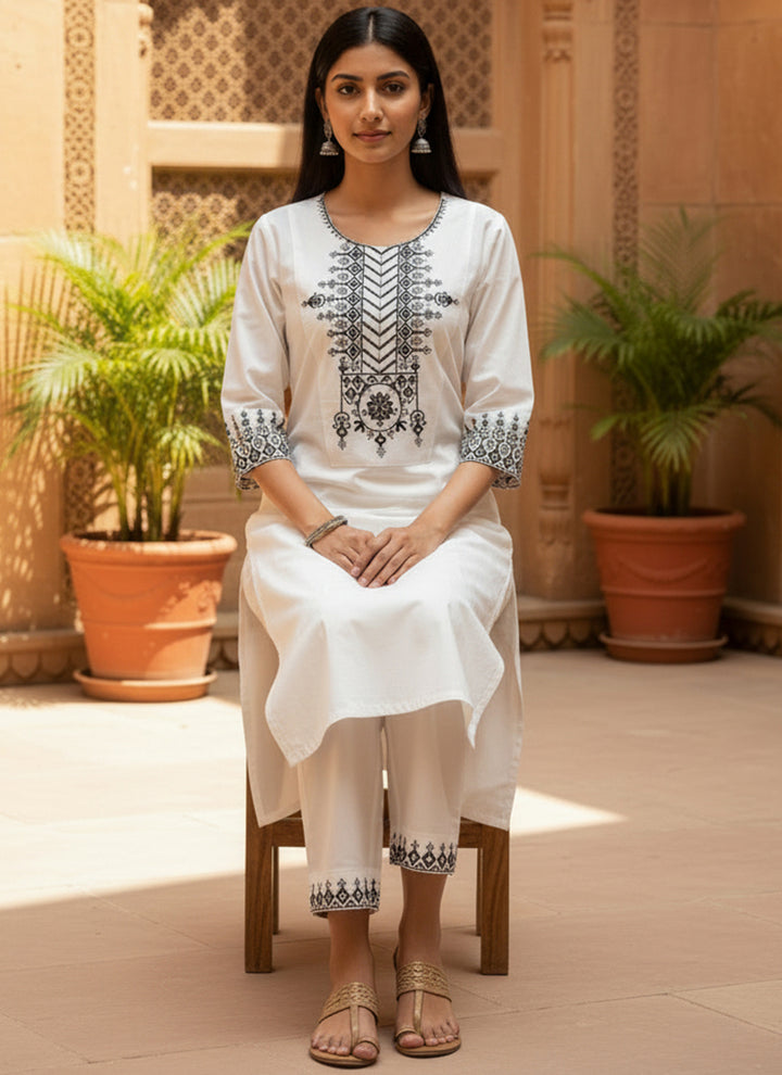 White Khadi Cotton Embroidered Cord Set
