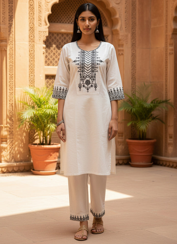 White Khadi Cotton Embroidered Cord Set