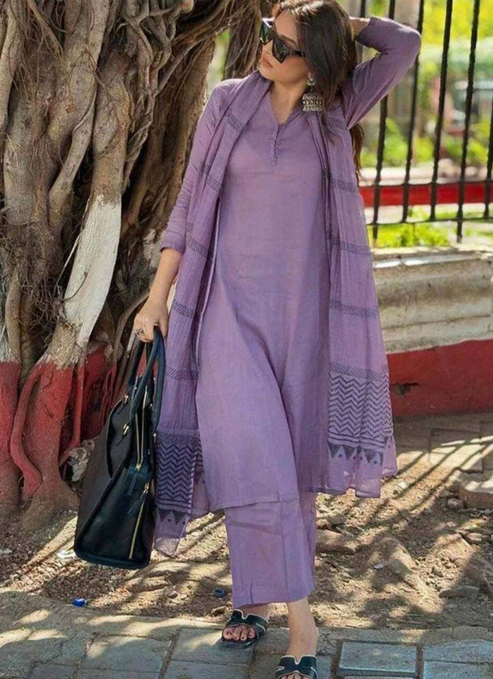 Lavender Rayon Printed Office Wear Kurta Set