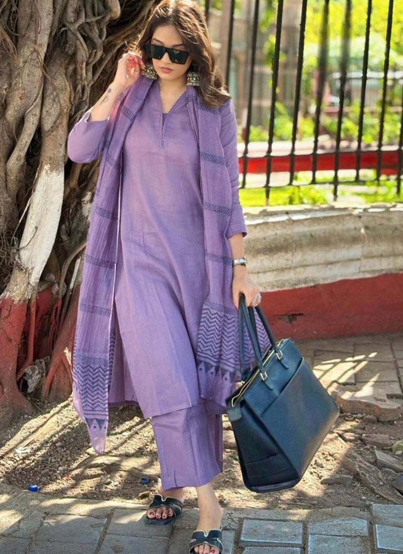 Lavender Rayon Printed Office Wear Kurta Set