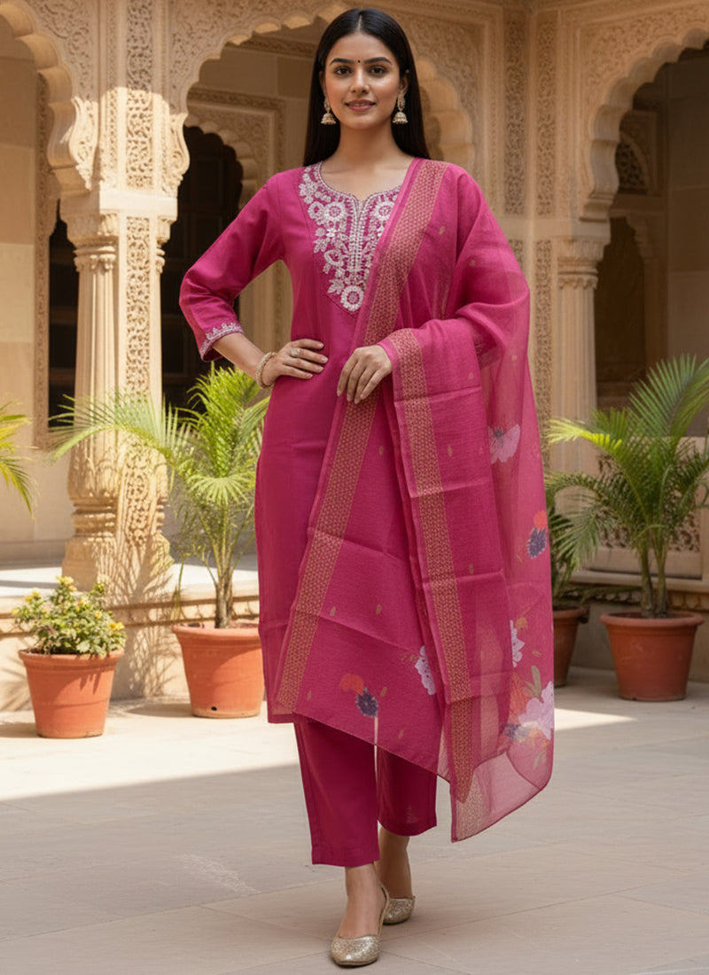 Magenta Embroidered Rayon Slub Ceremonial Kurta Set