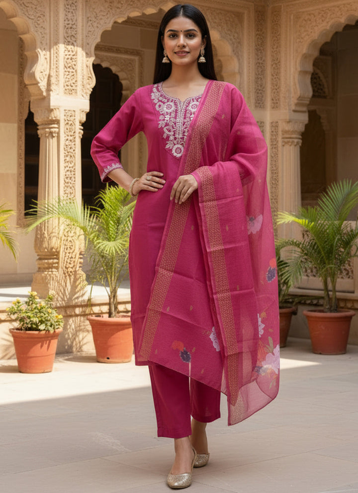 Magenta Embroidered Rayon Slub Ceremonial Kurta Set