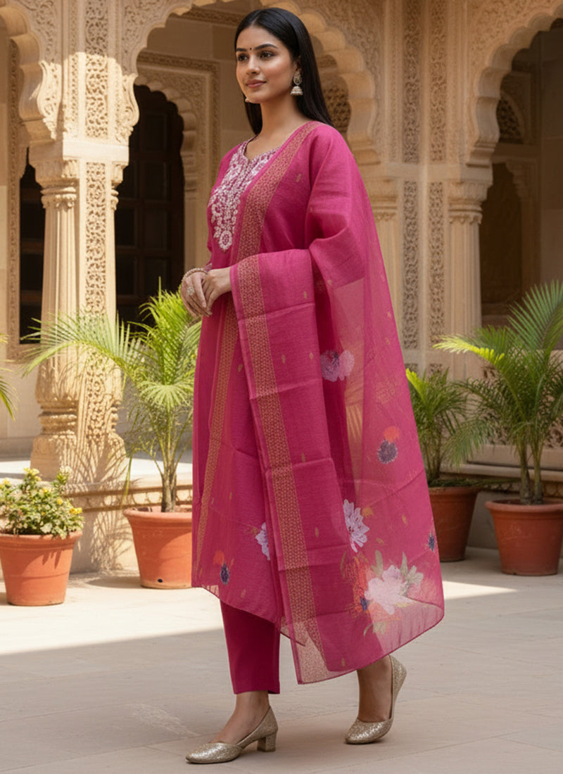 Magenta Embroidered Rayon Slub Ceremonial Kurta Set