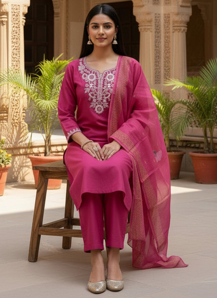 Magenta Embroidered Rayon Slub Ceremonial Kurta Set