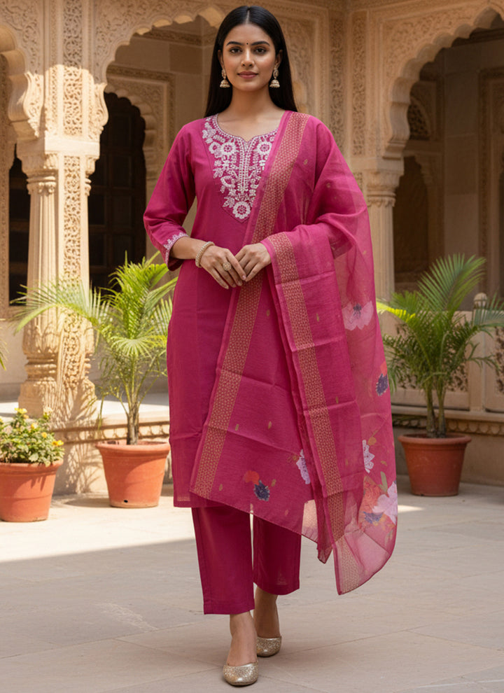 Magenta Embroidered Rayon Slub Ceremonial Kurta Set