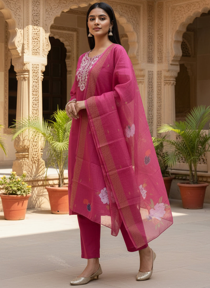 Magenta Embroidered Rayon Slub Ceremonial Kurta Set