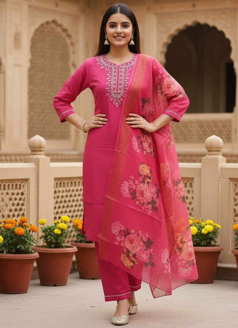 Pink Rayon Slub Embroidered Festive Kurta Set