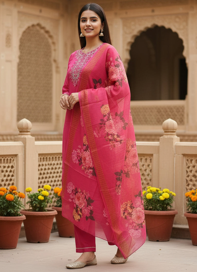 Pink Rayon Slub Embroidered Festive Kurta Set