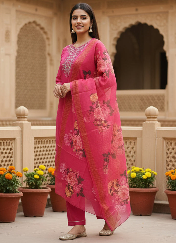 Pink Rayon Slub Embroidered Festive Kurta Set