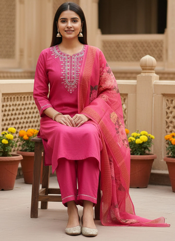 Pink Rayon Slub Embroidered Festive Kurta Set