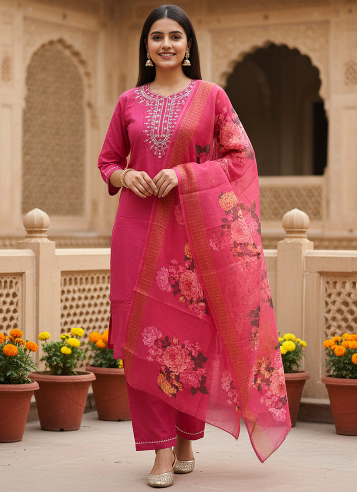 Pink Rayon Slub Embroidered Festive Kurta Set