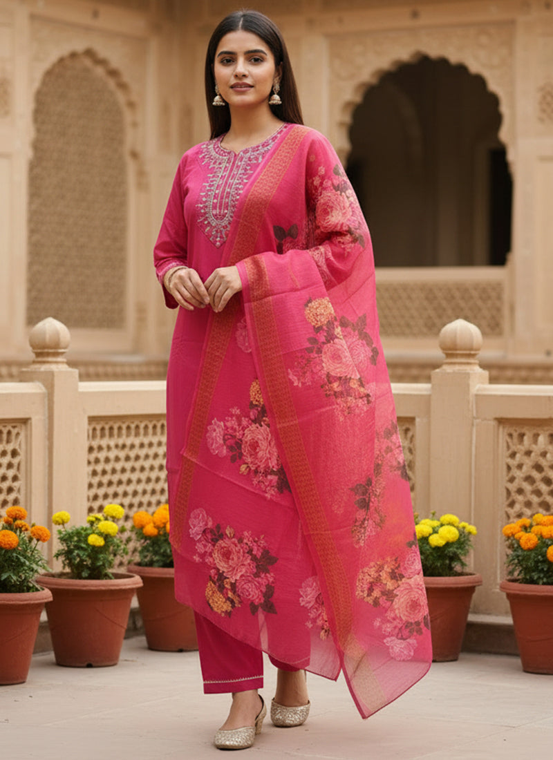 Pink Rayon Slub Embroidered Festive Kurta Set
