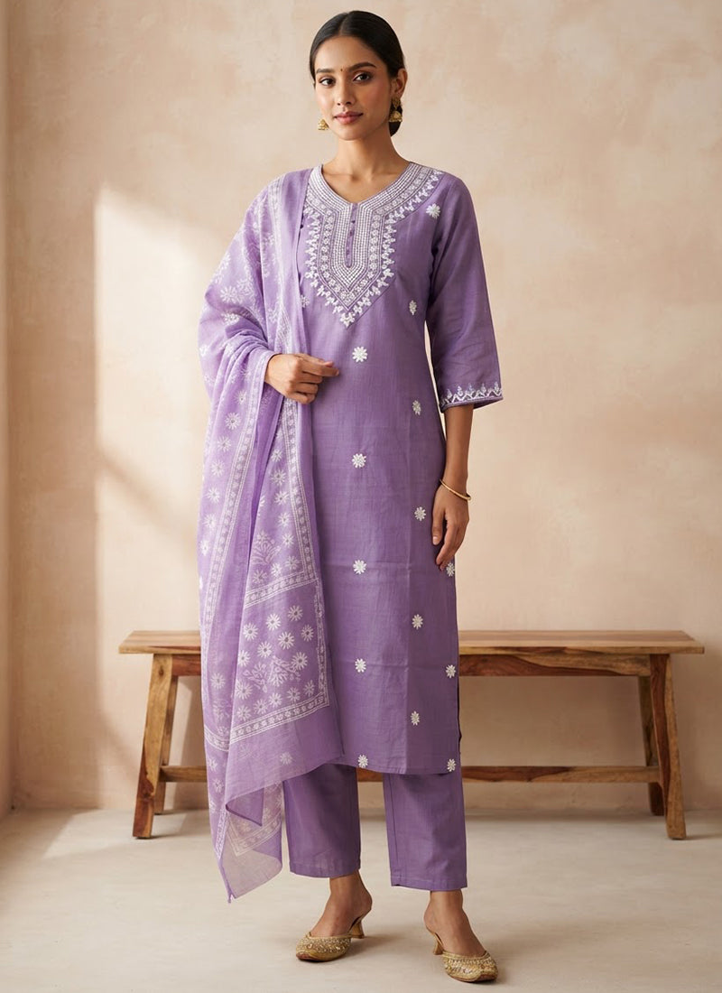 Purple Rayon Slub Embroidered Kurta Set