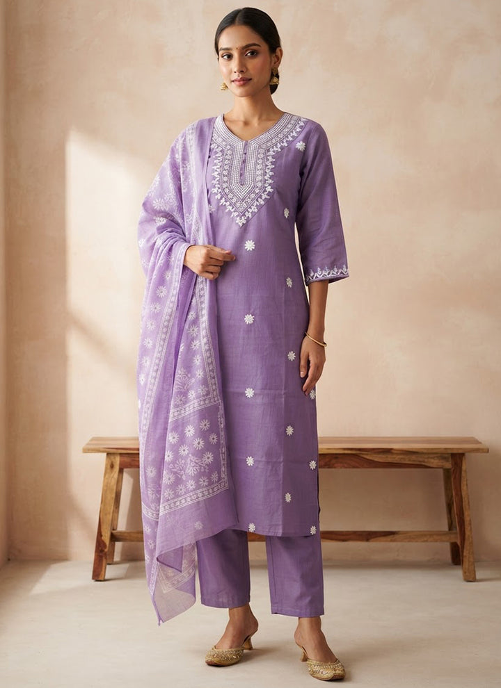 Purple Rayon Slub Embroidered Kurta Set