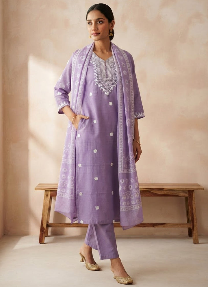 Purple Rayon Slub Embroidered Kurta Set