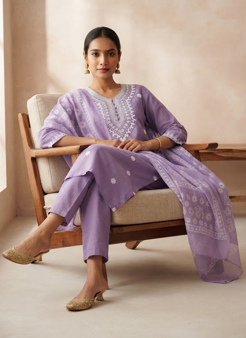 Purple Rayon Slub Embroidered Kurta Set