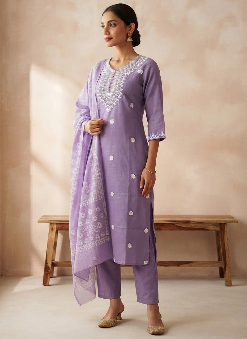 Purple Rayon Slub Embroidered Kurta Set