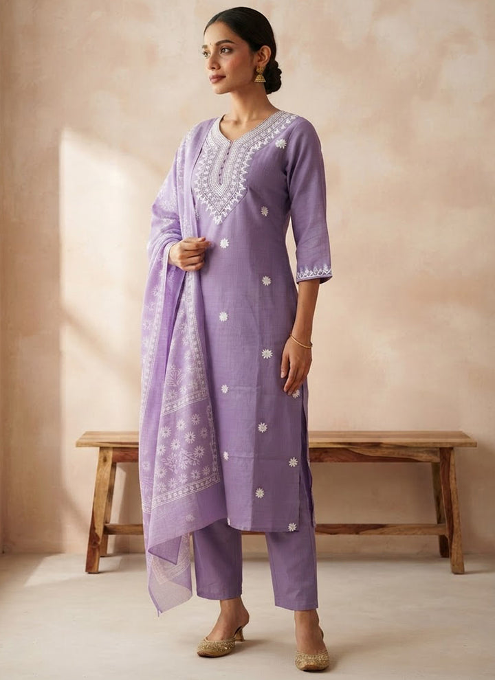 Purple Rayon Slub Embroidered Kurta Set