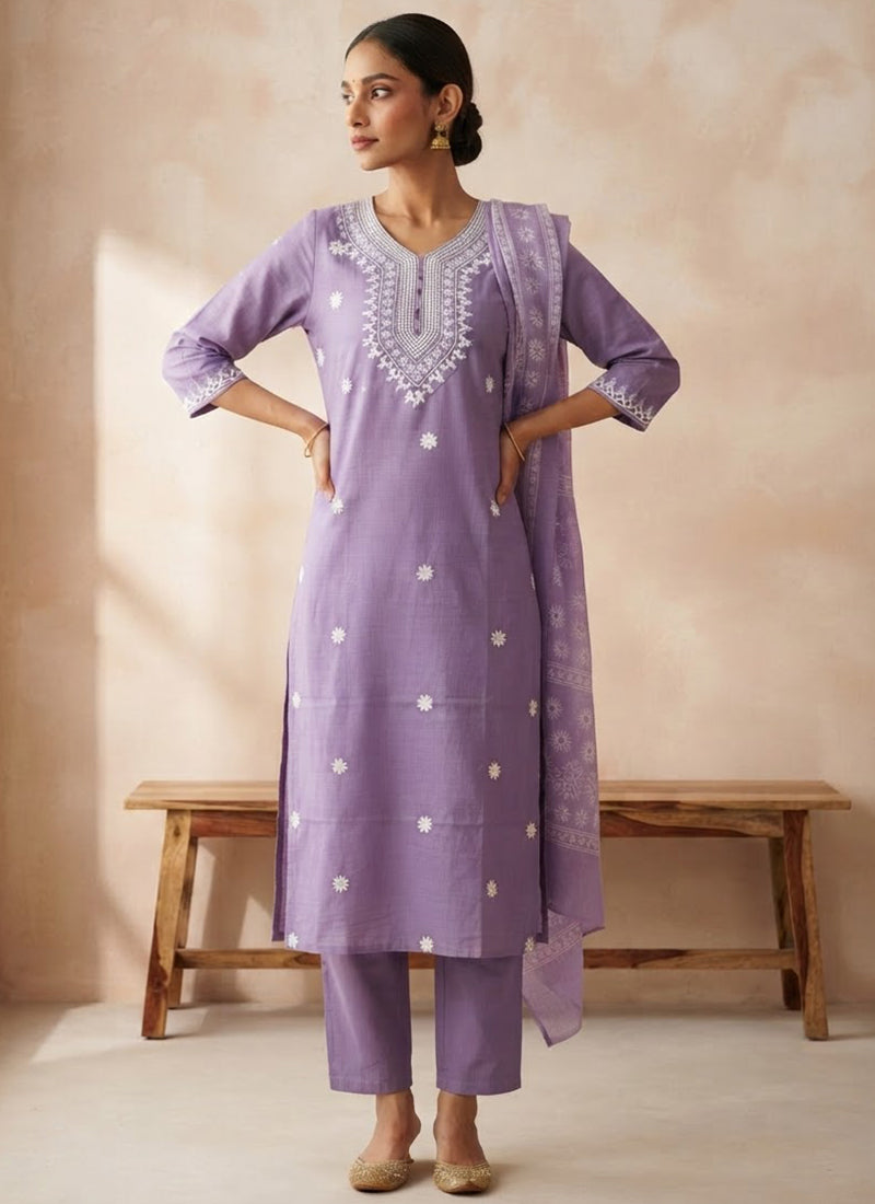 Purple Rayon Slub Embroidered Kurta Set