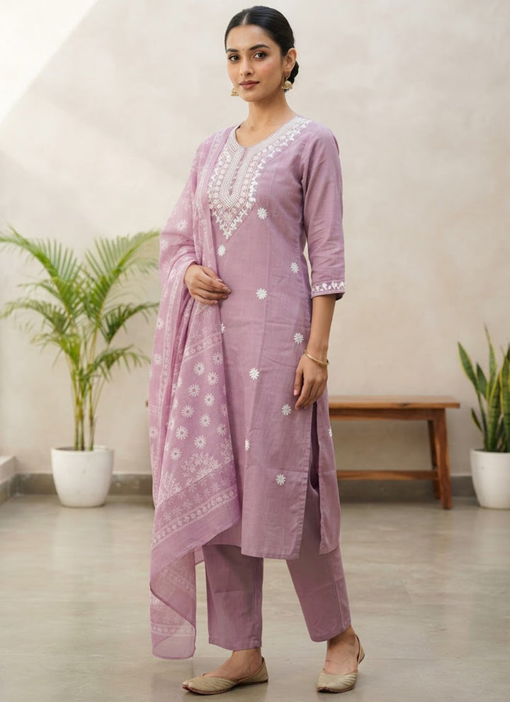 Lavender Rayon Slub Embroidered Kurta Set