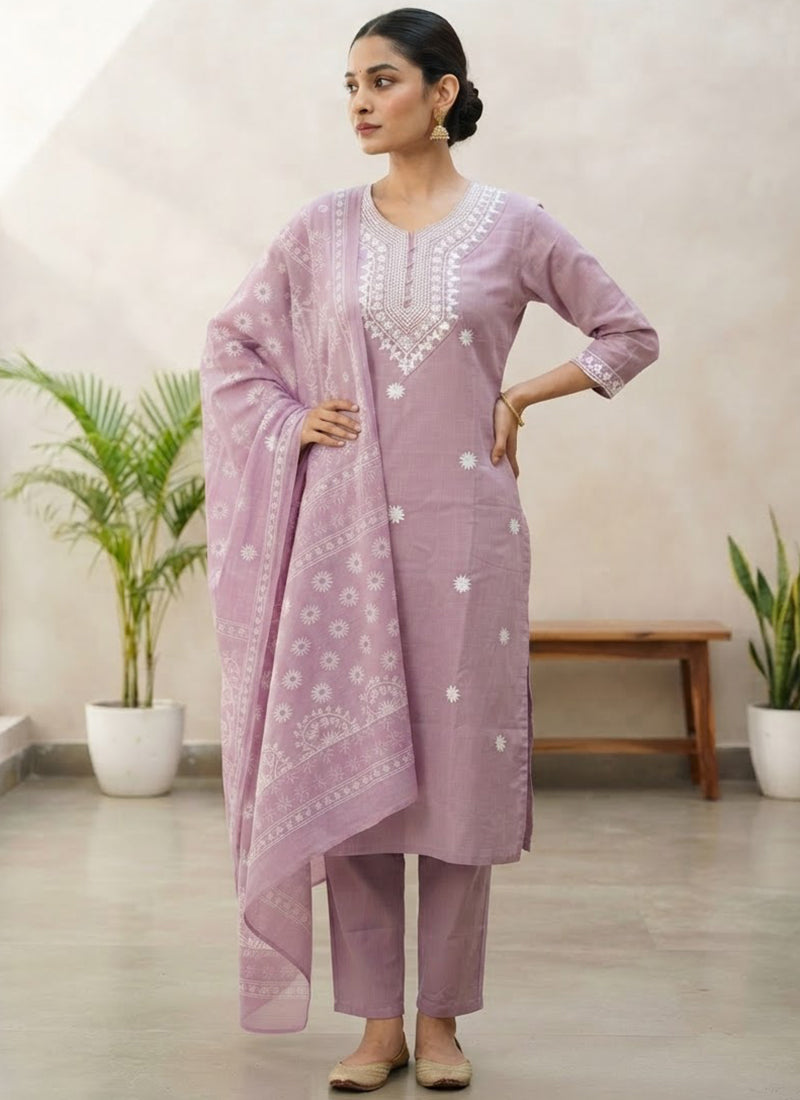 Lavender Rayon Slub Embroidered Kurta Set