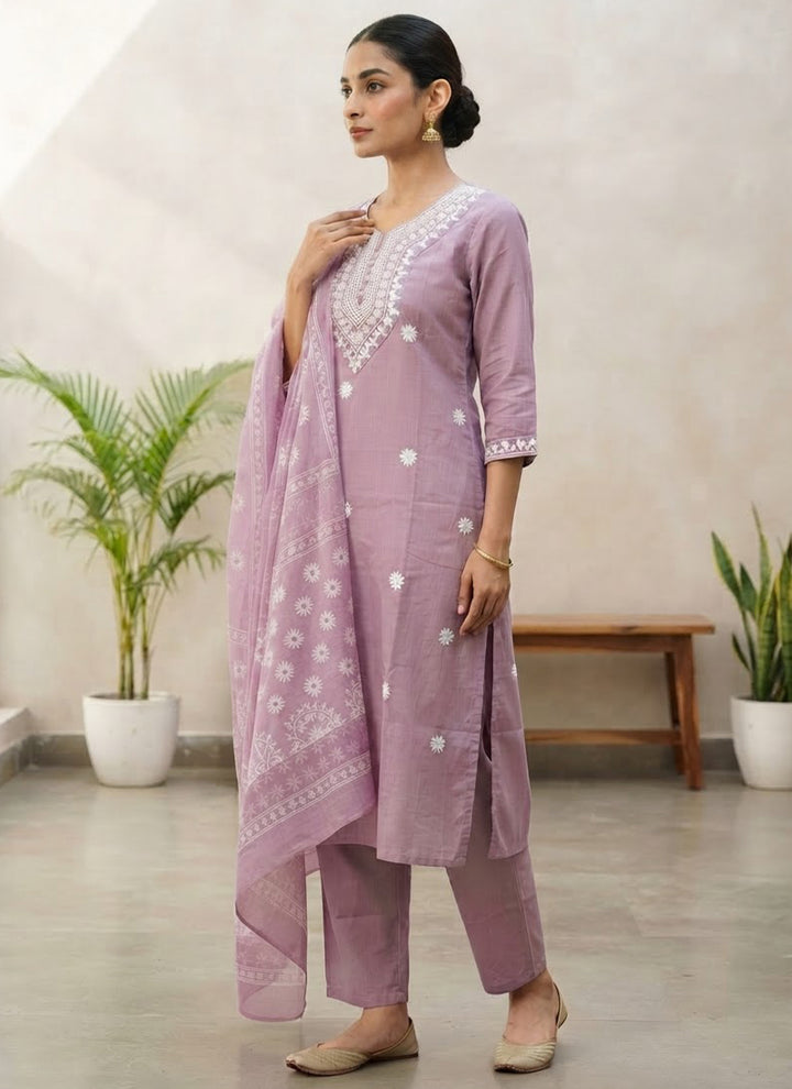 Lavender Rayon Slub Embroidered Kurta Set