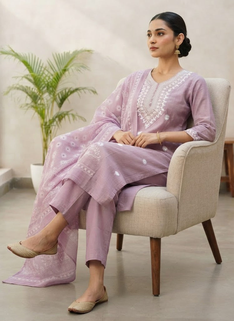 Lavender Rayon Slub Embroidered Kurta Set